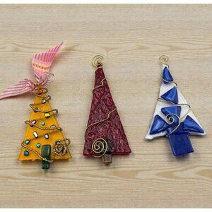 Holiday Tree Christmas Ornaments Set Of 3 Wire Wrapped Infused Glass Colorful